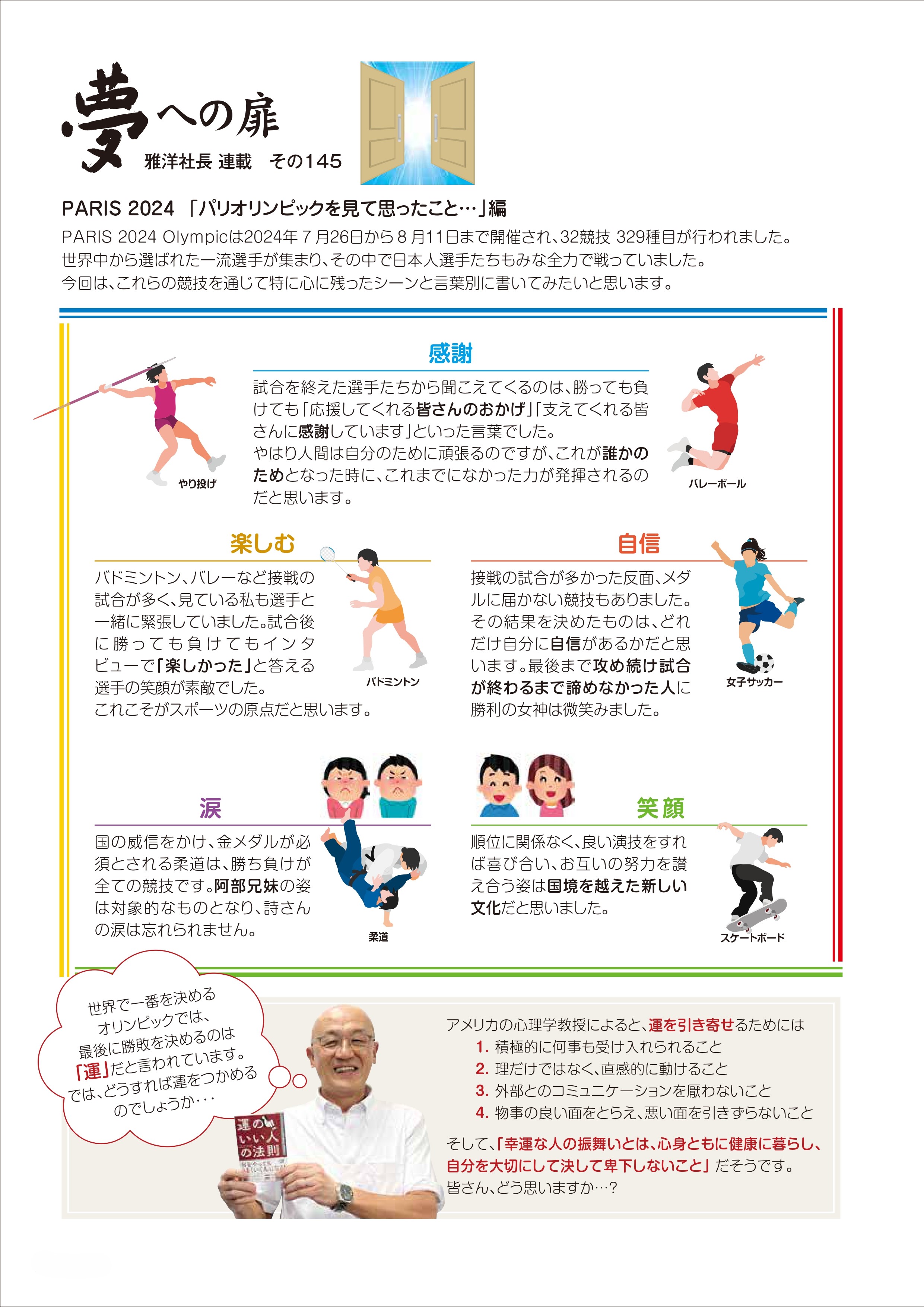 PARIS 2024 Olympicは２０２４年７月２６日から８月１１日まで開催され、３２競技３２９種目が行われました。世界中から選ばれた一流選手があtマリ、その中で日本人選手たちもみな全力で戦っていました。今回は、これらの協議を通じて特に心に残ったシーンと言葉別に書いてみたいと思います。　感謝　試合を終えた選手たちから聞こえてくるのは、勝っても負けても「応援してくれる皆さんのおかげ」「支えてくれる皆さんに感謝しています」といった言葉でした。やはり人間は自分のために頑張るのですが、これが誰かのためとなった時に、これまでになかった力が発揮されるのだと思います。　楽しむ　バドミントン、バレーなど接戦の試合が多く、見ている私も選手と一緒に緊張していました。試合後に勝っても負けてもインタビューで「楽しかった」と答える選手の笑顔が素敵でした。これこそがスポーツの原点だと思います。　自信　接戦の試合が多かった反面、メダルに届かない競技もありました。その結果を決めたものは、どれだけ自分に自信があるかだと思います。最後まで攻め続け試合が終わるまで諦めなかった人に勝利の女神は微笑みました。　涙　国の威信をかけ、金メダルが必須とされる柔道は、勝ち負けが全ての競技です。阿部兄妹の姿は対照的なものとなり、詩さんの涙は忘れられません。　笑顔　順位に関係なく,良い演技をすれば喜び合い、お互いの努力を讃えあう姿は国境を越えた新しい文化だと思いました。　世界で一番を決めるオリンピックでは、最後に勝敗を決めるのは「運」だと言われています。では、どうすれば運をつかめるのでしょうか…　アメリカの心理学教授によると、運を引き寄せるためには、1．積極的に何事も受け入れられること　2．断りだけでなく、直感的に動けること　3．外部とのコミュニケーションを厭わないこと　4．物事の良い面を捉え、悪い面を引きずらないこと　そして、「幸運な人のふるまいとは、心身ともに健康に暮らし、自分を大切にして決して卑下しないこと」だそうです。皆さん、どう思いますか…？